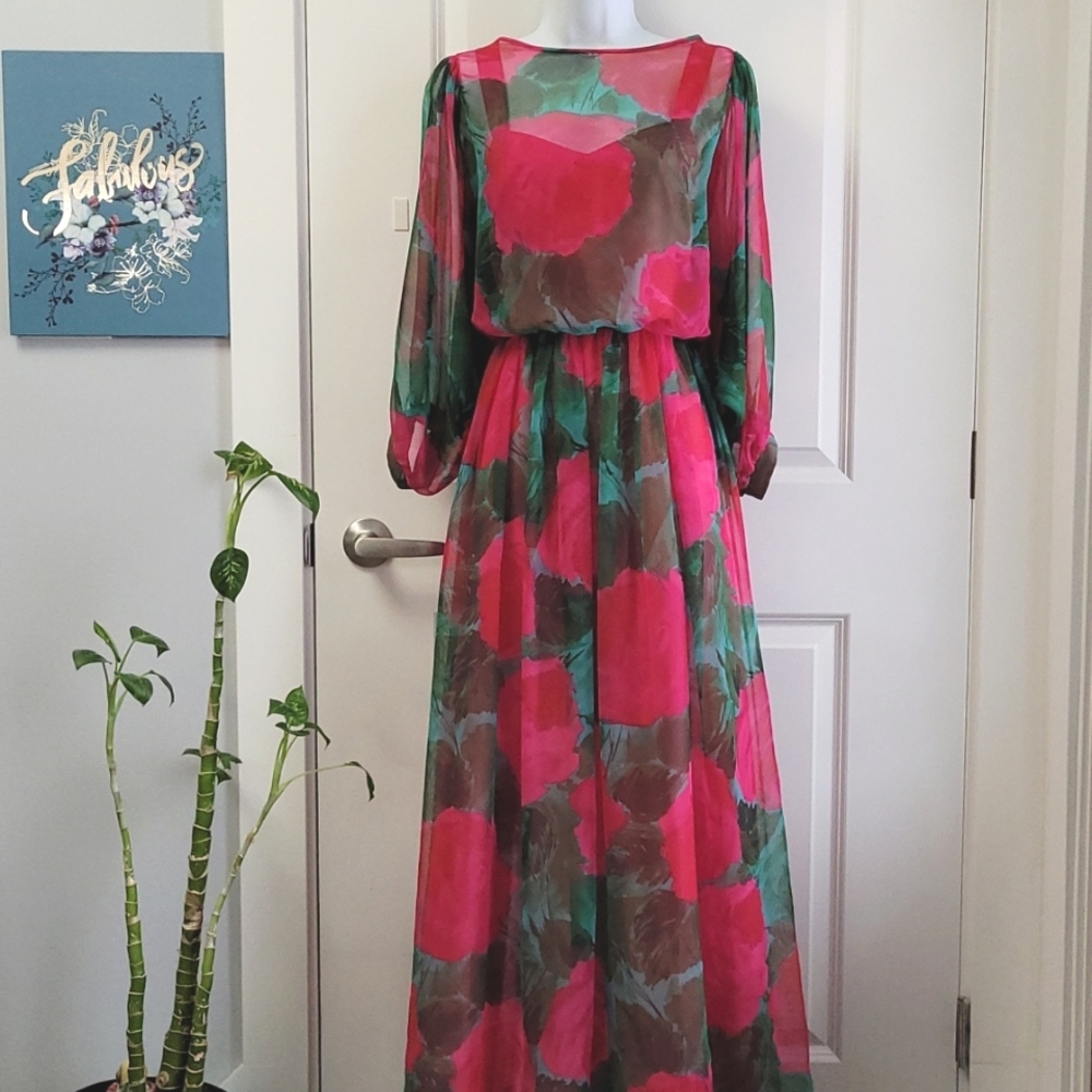 Vintage 70's Chiffon Maxi Dress M-L
